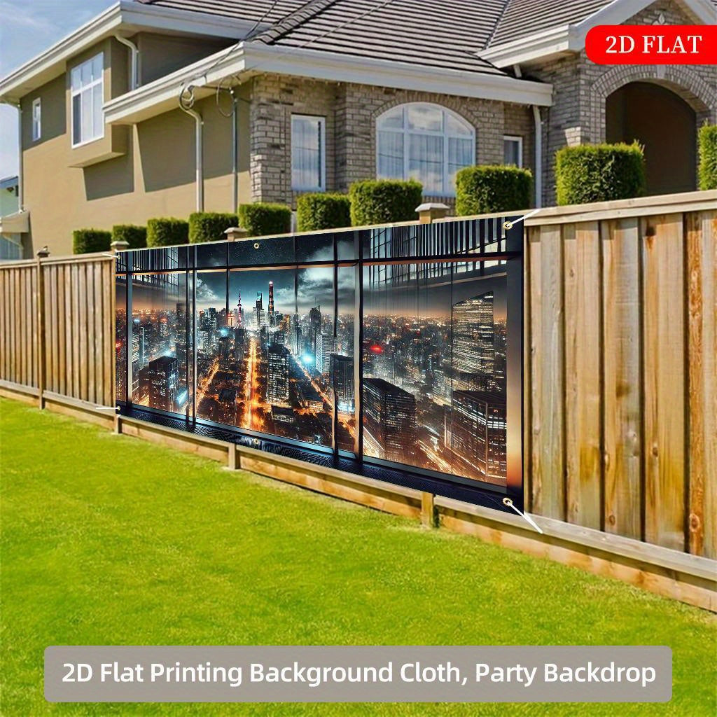 2D Flat 1-Piece Night City Skyline Polyester Fabric Backdrop, 71x157 Inches, Multi-Scene 2D Printed Decor for Parties, Festivals, Gardens & Garages – No Power Needed