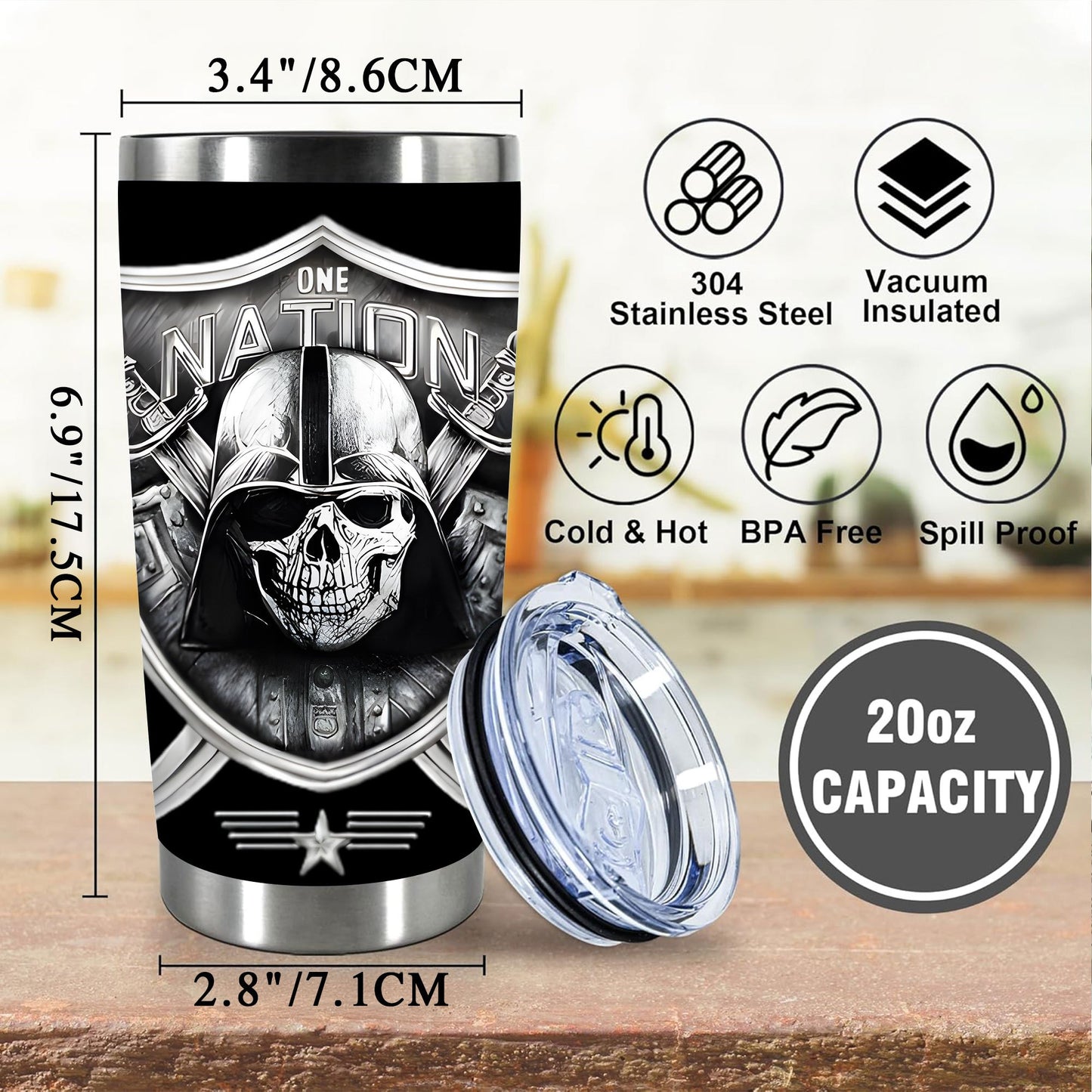 1pc 20oz One Nation Skull Tumbler, Double Wall Vacuum Insulated Travel Mug, Spill Proof Lid, Perfect Gift for Dad, Mom, Ideal for Christmas, Thanksgiving, Valentine's, Mother's, Father's Day, Gift for birthday, Coffee Cup