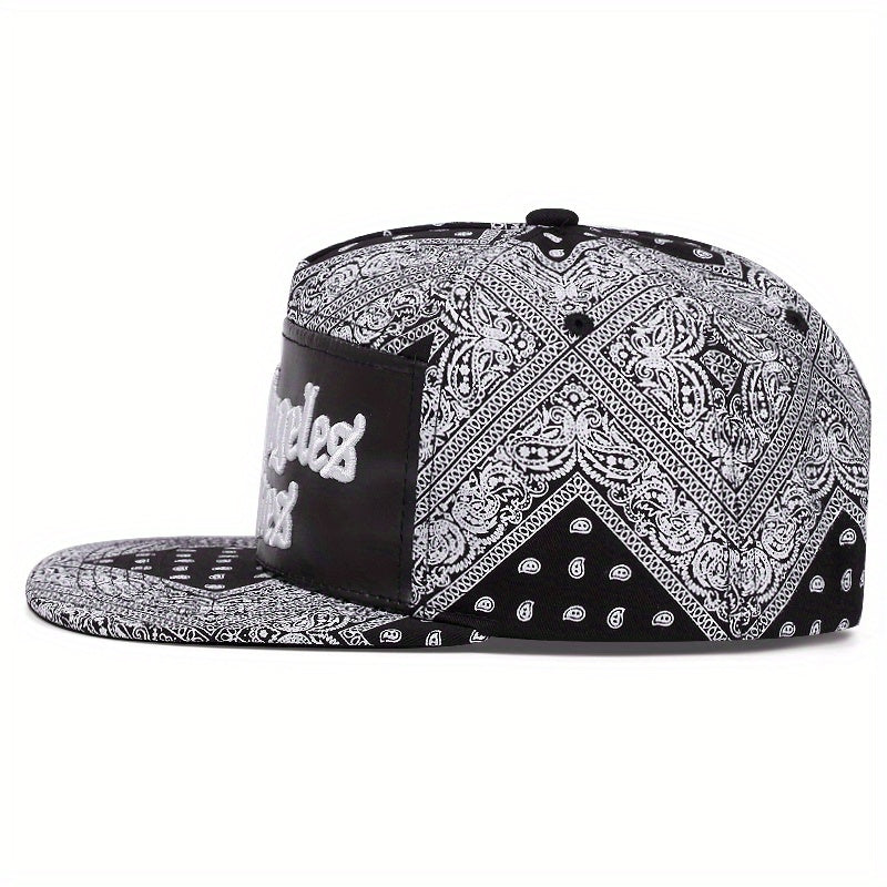 Men's Los Angeles Crimes Baseball Cap - Stylish Black & White Paisley Design with "LACRIMES" Text, Adjustable Fit for Outdoor Sports, Baseball Cap.woven fabric.