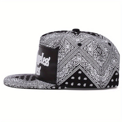 Men's Los Angeles Crimes Baseball Cap - Stylish Black & White Paisley Design with "LACRIMES" Text, Adjustable Fit for Outdoor Sports, Baseball Cap.woven fabric.