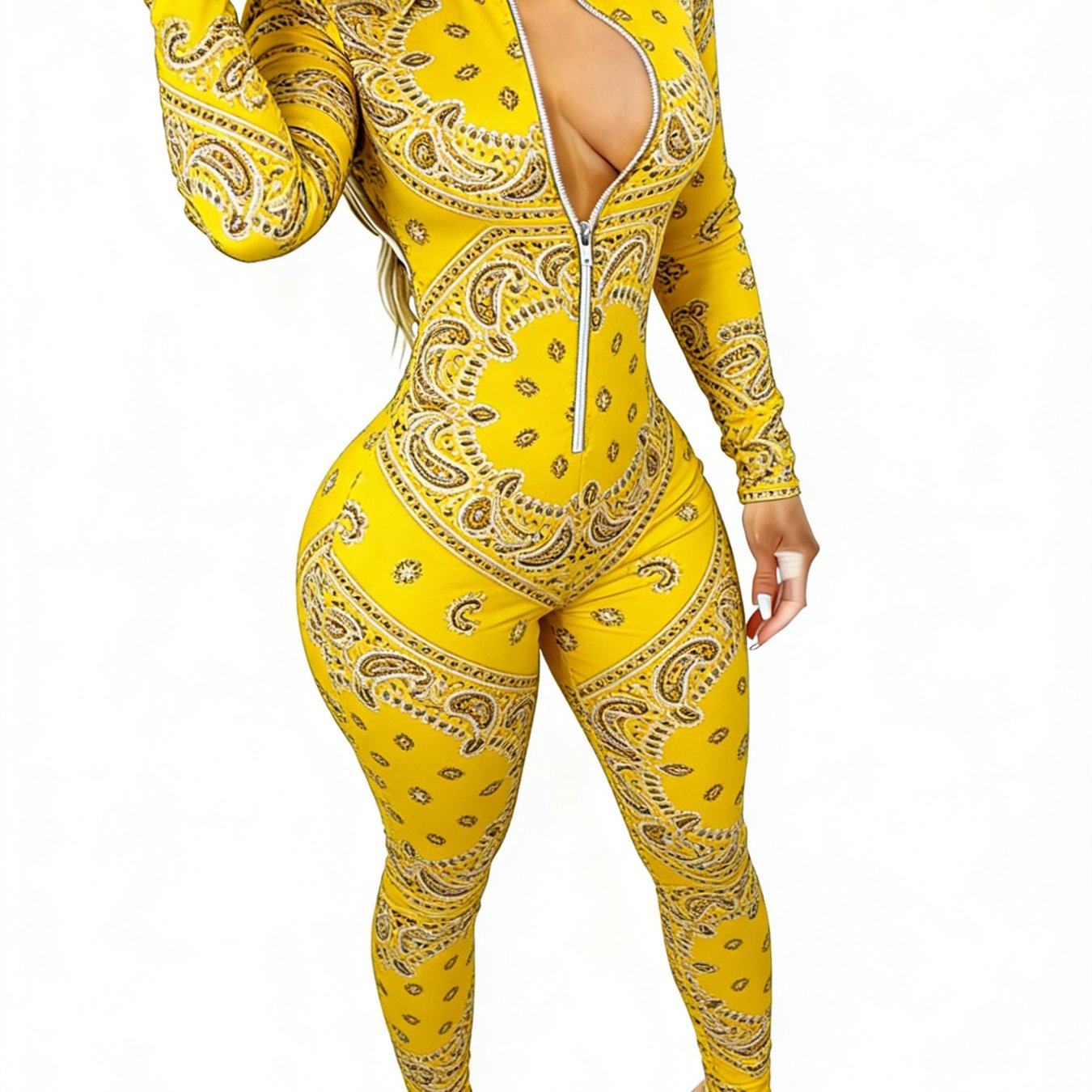 Women's Long Sleeve Slim-Fit Zip-Front Jumpsuit with Yellow Paisley Print - Eye-Catching & Modern for Dates, Small Gatherings | Sizes 2XS-2XL