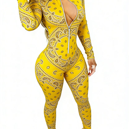 Women's Long Sleeve Slim-Fit Zip-Front Jumpsuit with Yellow Paisley Print - Eye-Catching & Modern for Dates, Small Gatherings | Sizes 2XS-2XL
