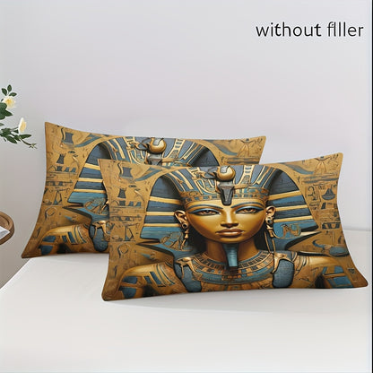 Pharaoh Theme Duvet Cover Set - Soft High-Definition Digital Print, Egyptian Style Golden And Blue, All-Season, Soft Breathable 100% Polyester, Perfect Gift For Family And Friends, Machine Washable, Includes 1 Duvet Cover + 2