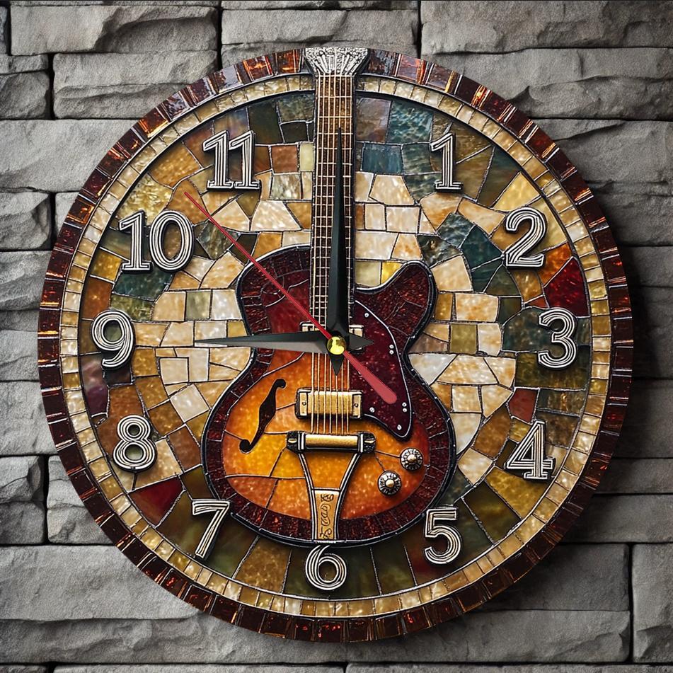 1pc Rustic Farmhouse Style Wooden Round Wall Clock, Guitar Theme, Silent Movement, Easy-to-Read, AA Battery Operated (Not Included), 9.8x9.8 inches for Home, Kitchen, Bedroom, Office Decor