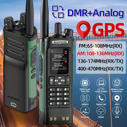 BAOFENG DM-32 DMR Handheld Two-Way Radio 10W Long Range GPS & NOAA Weather Alert, UHF 136-174/400-470MHz, 2500mAh Battery with USB-C Charging, Compatible with DM32UV Repeater for Camping,, Fishing, Emergency (DMR/Moto)