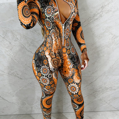 Ladies' Four-Season Long-Sleeved Sexy Jumpsuit | Front Zipper Design, Light Style, Fashionable Full-Print, Perfect for Daily Outings and Casual Wear - G077