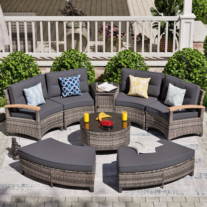 8-11pcs Outdoor Patio Furniture Set, Half-Moon Curved Sectional Sofa Rattan Patio Conversation Set with Wood Armrests for Porch, Backyard - Tempered Glass Round Coffee Table & Side Table, Patio Furniture And Decor, Patio Set,
