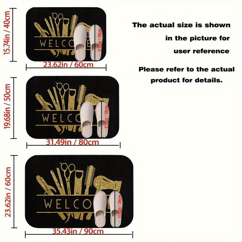 1pc Salon Barber Shop Mat - Anti-Slip Bathroom with Golden Hair Tools Design (Scissors, Comb, Boots), Extra Large Non-Slip Door Mat for Salon, Bathroom, Entryway - Machine Washable Heavy-Duty Rubber Base - Ideal Gift for Hair