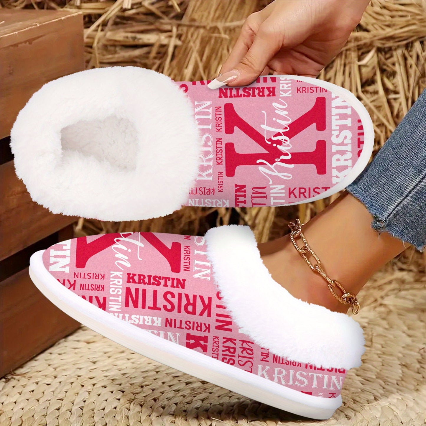 Personalized Women's Custom Name Slippers - Add Your Own Name, Non-Slip Rubber Sole, All-Season Indoor House Shoes, Machine Washable - Ideal Gift for Women (Birthday, Christmas) - Cozy Personalized Lounge Footwear, Slipon Des