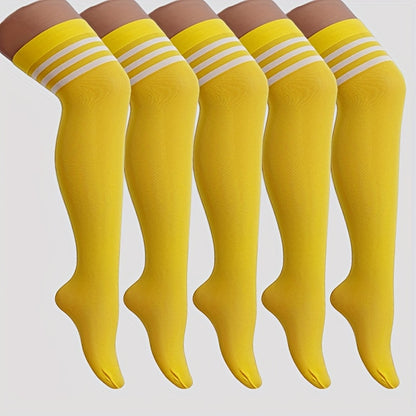 Five Pairs of Thin Velvet Over-the-knee Socks in Rose Red, Pink, Bright Yellow, Solid Colors, and Stripes. Smooth Nylon, Comfortable and Cute. Suitable for Students, Dance, Skating, and Other Activities, for Teenager