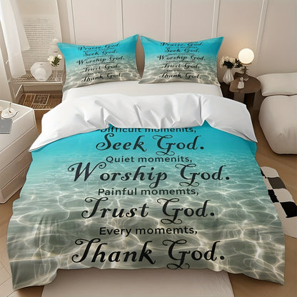 Blue-Green Gradient Duvet Cover Set with Inspirational Christian Quotes - Soft Polyester, Machine Washable, Includes 1 Duvet Cover & 2 Pillowcases, All-Season Gift for Home Use, Perfect for Family and Friends, Machine Washabl