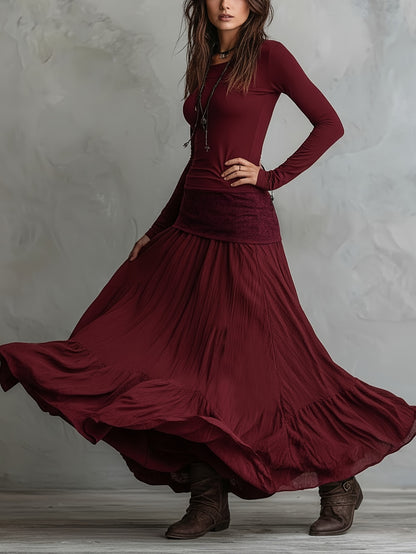 Burgundy Long-Sleeve T-Shirt + Full-Skirted Maxi Dress Two-Piece Set for Women | Soft Vintage Relaxed Vibe Suitable for Everyday Outings & Casual Dates