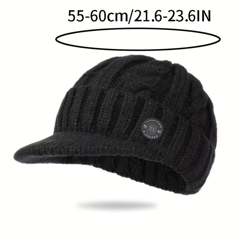 Men'S Winter Warm Fleece-Lined Knit Beanie Hat - Thickened Ear Protection, Funky Style, Black with White Logo, Polyester 100., Ideal for Cycling & Outdoor Activities, Winter Headwear | Funky Beanie | Knit Construction, Winter