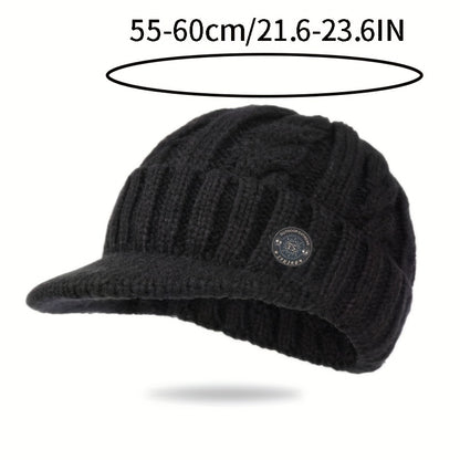 Men'S Winter Warm Fleece-Lined Knit Beanie Hat - Thickened Ear Protection, Funky Style, Black with White Logo, Polyester 100., Ideal for Cycling & Outdoor Activities, Winter Headwear | Funky Beanie | Knit Construction, Winter
