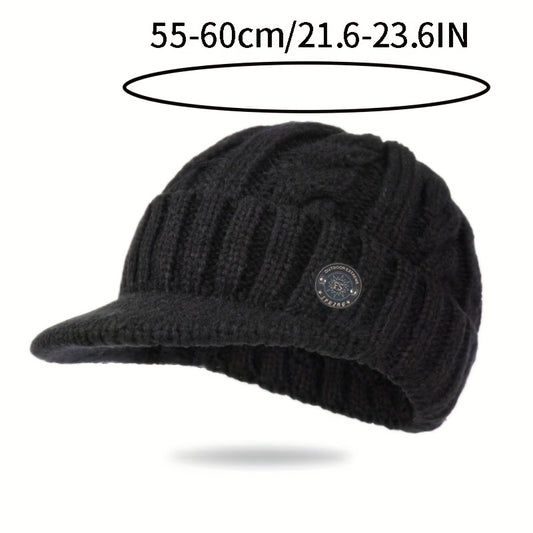 Men'S Winter Warm Fleece-Lined Knit Beanie Hat - Thickened Ear Protection, Funky Style, Black with White Logo, Polyester 100., Ideal for Cycling & Outdoor Activities, Winter Headwear | Funky Beanie | Knit Construction, Winter