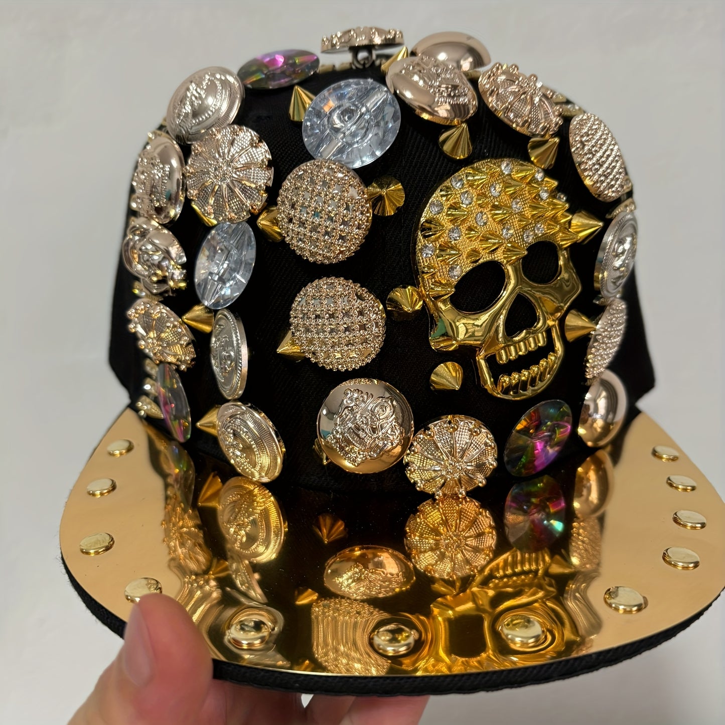 Handcrafted Rivet Studded Fashion Baseball Cap - Lightweight Polyester, Casual Street Style with Colorful Gemstones and Skull Motif for Dance and Performance