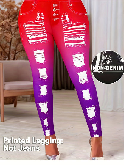 [Printed Pants - Not Denim Fabric] Printed Legging - Not Denim Fabric - Christmas Plus Size Women's Digital Print Denim-Look Leggings, Stretch Polyester, All-Season Casual Slim-Fit Pants, Regular Fit, Adult Sizes, Machine Was