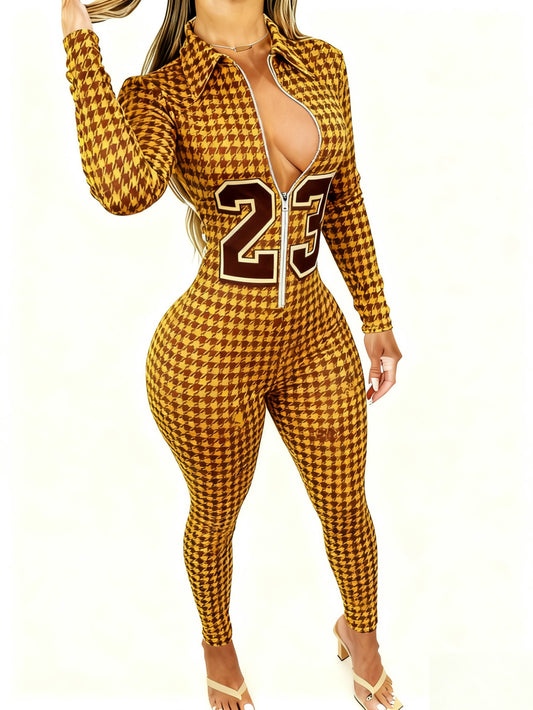 Women's Lightweight Full-Body Animal Print Jumpsuit - Zipper Front Long Sleeve Suit, Tight-Bodied One-Piece for All-Season Casual Wear, Machine Washable y Outfit ( Collar)