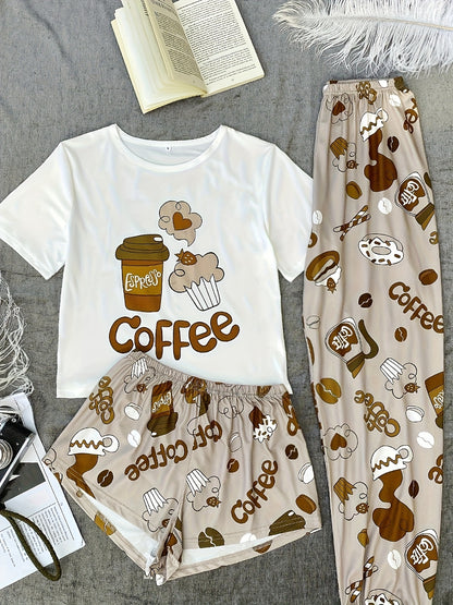 Women's Pajama Set with Milk Tea Cartoon Print, Polyester, Suitable for All Seasons, Casual Round Neck Comfortable Home Wear