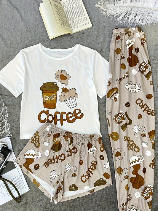 Women's Pajama Set with Milk Tea Cartoon Print, Polyester, Suitable for All Seasons, Casual Round Neck Comfortable Home Wear
