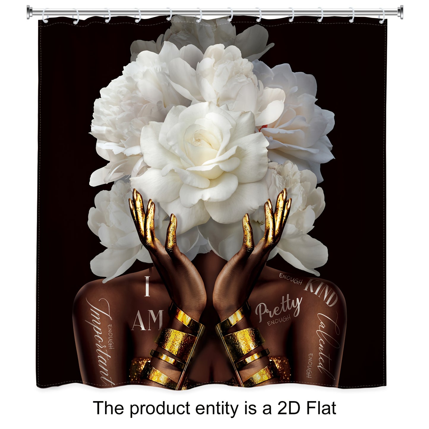 1pc or 4pcs African American Woman Floral Shower Curtain Set with 12 Hooks - Modern Black & White Peony Flower Design, Empowering "I Am Beautiful" Quote Bathroom Decor, Non-Slip Bath Mat, U-Shaped Toilet Mat & Cover Mat - Mac