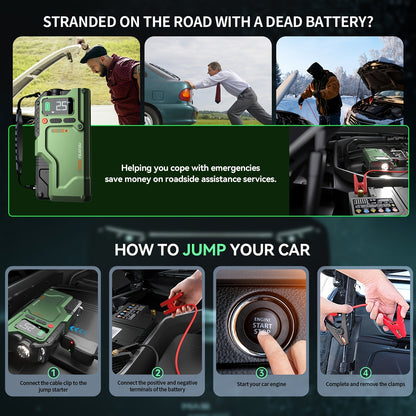 9000A Jump Starter with Air Compressor, 5in 1 Function Jump Box 150PSl JumpStarter Battery Pack with Digital Tire Inflator, Car Battery Charger Portable for 10L GasOr 9.0L Diesel Battery Charger, Car Jumper Starter Portable