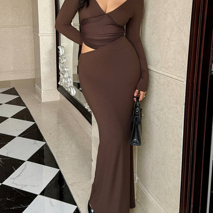 Women's Brown Mermaid Dress - Long Sleeve Deep V-Neck Maxi Dress with Waist Cut-Out & Sheer Panel, Tailored Fit Party Wedding Prom Evening Gown