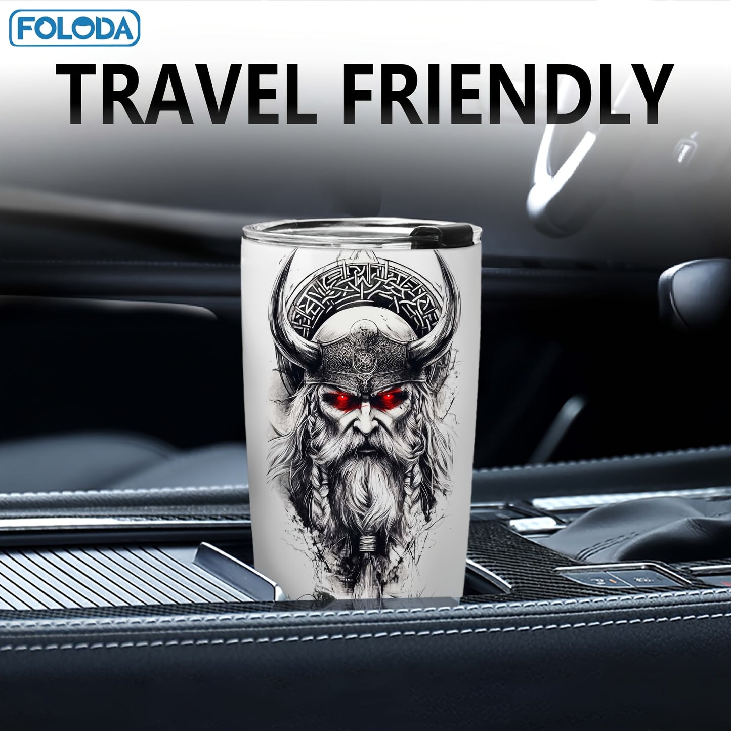 Foloda 20oz Viking Wolf Tumbler with Lid - Insulated Stainless Steel Travel Mug, Norse Design Thermal Cup with Leakproof Lid & Straw Compatible, Double-Wall Vacuum Insulation for Hot/Cold Drinks, Viking Warrior & Wolf Howling