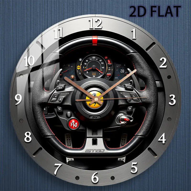 12-inch Modern Racing-Themed Steering Wheel Wall Clock - Silent Quartz Movement, Black & Red Accent Glass Face with White Hands, Battery-Powered (AA Not Included) - Unique Home Decor for Bedroom, Living Room, Garage, for Man