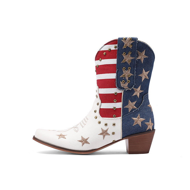 Women'S Western Cowboy Ankle Boots with Fringe & Studs - Two-Tone & Red Faux Cover, Chunky Mid-Heel, Round Toe, Pull-On Closure, Cushioned Insole & Arch Support - Western Boot for Casual, Formal, Everyday Outfits - 2025 New D