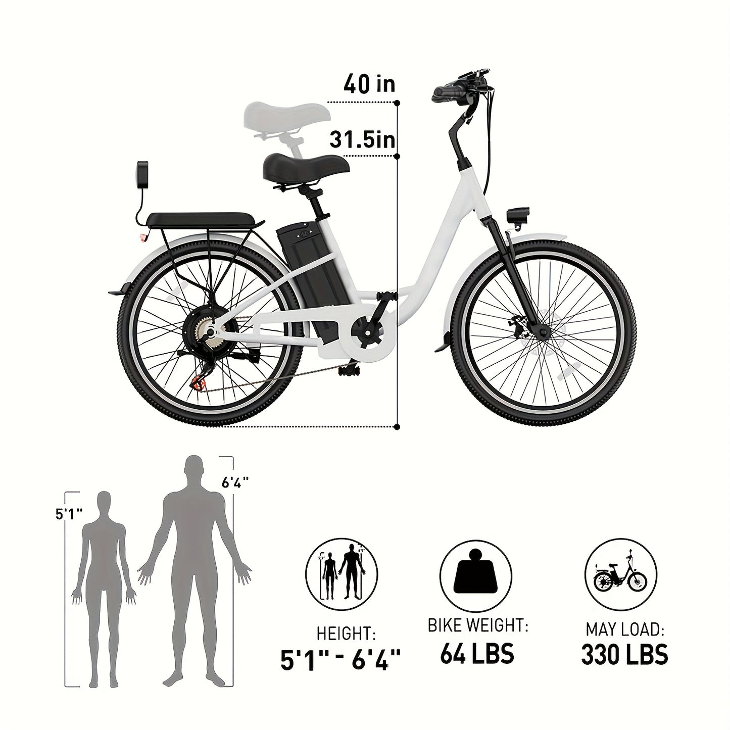 24-inch Wheels, 20-26MPH Commuter, LCD Display, 7 Speed Shift Adult Electric Bicycle, 350-500w Powerful Motor, 36V 10.4A Lithium Battery, Aluminum Alloy Body, Front Fork Shock Absorber, Headlights, Night Driving Protection, B