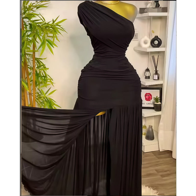 Elegant Mermaid/Trumpet Long Dress - Sleeveless Asymmetrical Slanted Collar & Slit Hem, Slim Fit -Length Party Wedding Guest Gown, Prom Dress for Themed Events, Daily Wear (No Feathers)