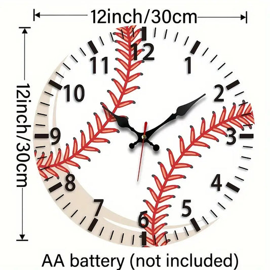 1pc Baseball-Themed Wall Clock - Large Easy-to-Read Black & Red Baseball Seam Design, Silent Quartz Movement with Japanese Mechanism, 9.84-Inch Round Wood Frame, Black Hands & Red Second Hand - Battery-Powered (AA Batteries N