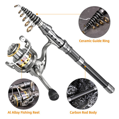 Telescopic Fishing Rod and Reel Combos Full Kit, 5:5:1 Carbon Fiber Fishing Pole, Shielded Bearings Stainless Steel BB Spinning Reel 7.9FT