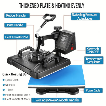 8in 1 Heat Press Machine Multifunctional, 15"x12" T Shirt Press Machine, 360° Rotation Shirt Press Machine Sublimation Heat Transfer for T Shirts Mug Hat Plate