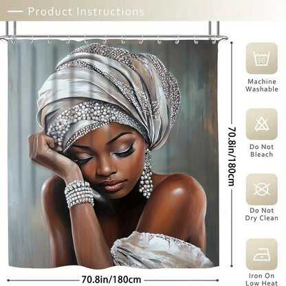 4pcs Sexy Woman Shower Curtain Set with frican Woman Portrait ( & Beaded Headwrap) - Elegant Bathroom Decor, Toilet Mat & 12 Free Hooks Included, Luxury Bath ccessories for Spa-Like Homes, Housewarming Gift for Women, Shower