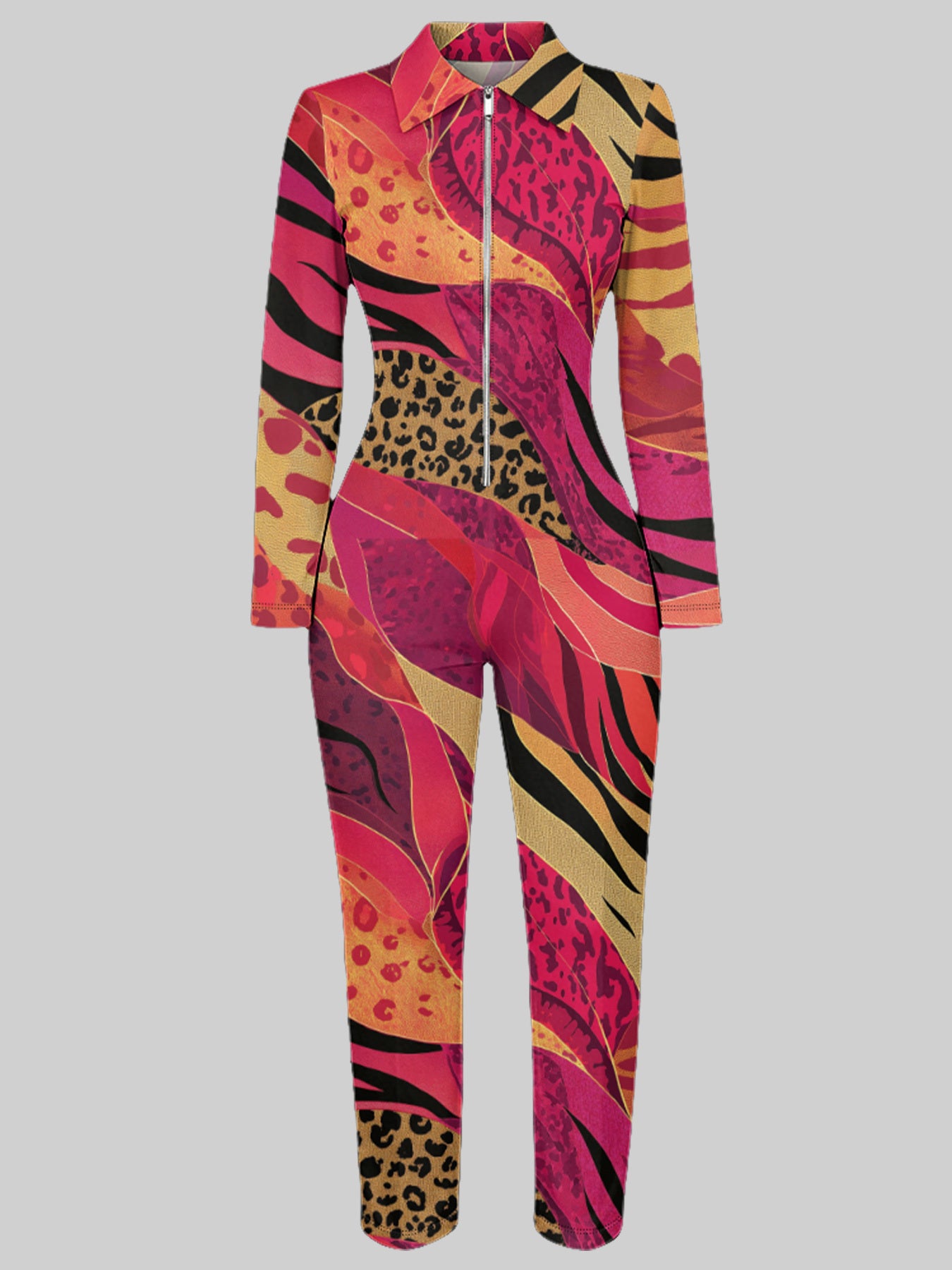 Ladies' Four-Season Long-Sleeved Sexy Jumpsuit | Front Zipper Design, Light Style, Fashionable Full-Print, Perfect for Daily Outings and Casual Wear, Fashionable and Sexy Outfit