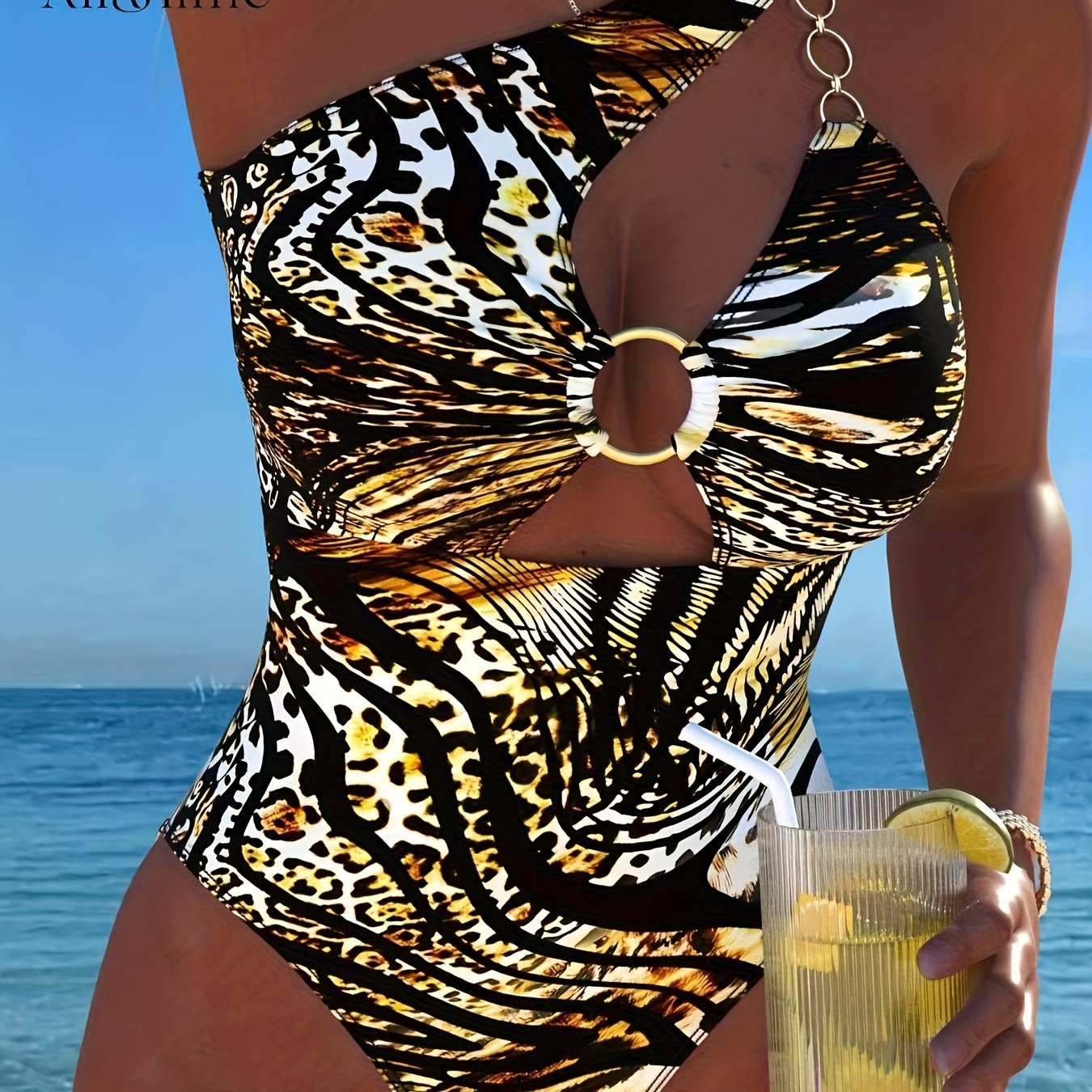 New Leopard Print One-Piece Swimsuit for Women with a Sexy Single Shoulder Design And Metallic Ring, Perfect for Beach And Pool Parties
