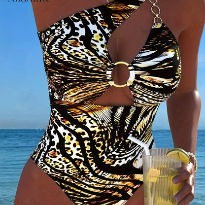 New Leopard Print One-Piece Swimsuit for Women with a Sexy Single Shoulder Design And Metallic Ring, Perfect for Beach And Pool Parties