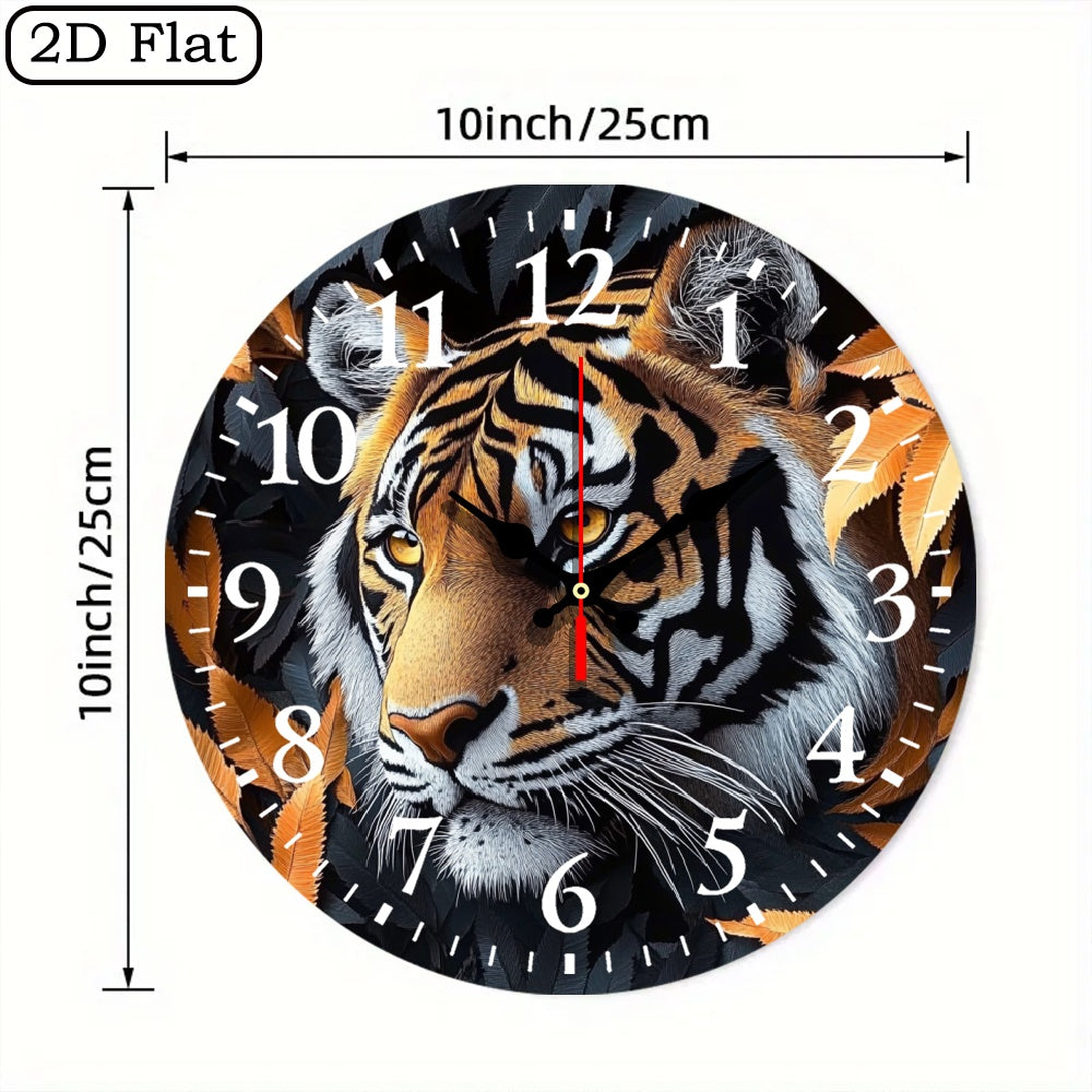 10x10 Inch Round Wooden Wall Clock with Tiger Head & Orange Leaves Design - Silent Non-Ticking Battery-Powered Modern Black/White Face, Golden Hands - Home Office Bedroom Decor, Wildlife-Themed Gift for Halloween Christmas (A