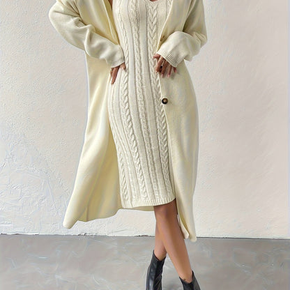 Solid Slouchy Elegant Dress Set, Button Up Long Sleeve Long Length Cardigan & Cable V-neck Sleeveless Slim Tank Dress Outfits, Women's Clothing