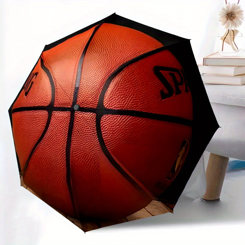 3D Basketball Umbrella with Automatic Open/Close, Red/Black Basketball Design, Sturdy 8-Rib Frame - Compact Folding Umbrella for Men, Women, Sports Fans - Ideal for Commute, Travel, Business Meetings - Durable Everyday Carry