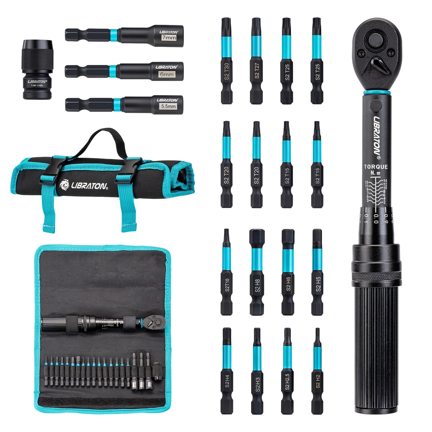 LIBRATON Bike Torque Wrench 1/4"Dr 2-14 Nm, 21pcs Set 72-Tooth Gear Torque Wrench, 0.1 Nm Micro Click Torque Wrench Set, Hex & Torx Impact Bits, Nut drivers, Impact to 1/4" HEX Converter, Bicycle Repair Kit,  Bicycle Maintena