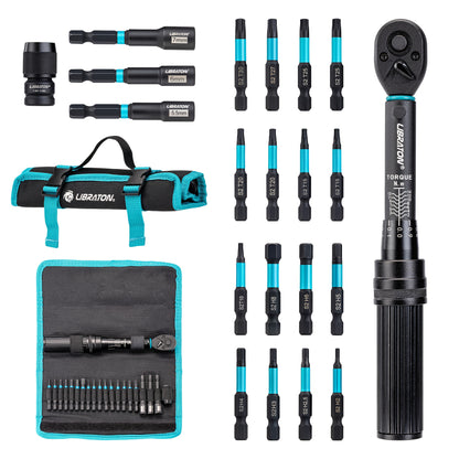LIBRATON Bike Torque Wrench 1/4"Dr 2-14 Nm, 21pcs Set 72-Tooth Gear Torque Wrench, 0.1 Nm Micro Click Torque Wrench Set, Hex & Torx Impact Bits, Nut drivers, Impact to 1/4" HEX Converter, Bicycle Repair Kit,  Bicycle Maintena