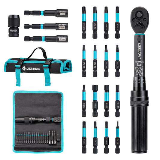 LIBRATON Bike Torque Wrench 1/4"Dr 2-14 Nm, 21pcs Set 72-Tooth Gear Torque Wrench, 0.1 Nm Micro Click Torque Wrench Set, Hex & Torx Impact Bits, Nut drivers, Impact to 1/4" HEX Converter, Bicycle Repair Kit,  Bicycle Maintena