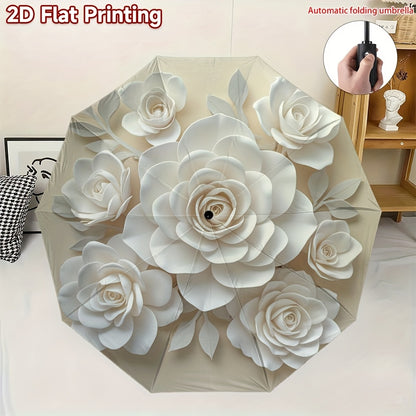 1pc Automatic Folding Umbrella with 8-Rib Compact Travel Design - Elegant Peony Flower Print, Automatic Open/Close, Lightweight & Portable for Women