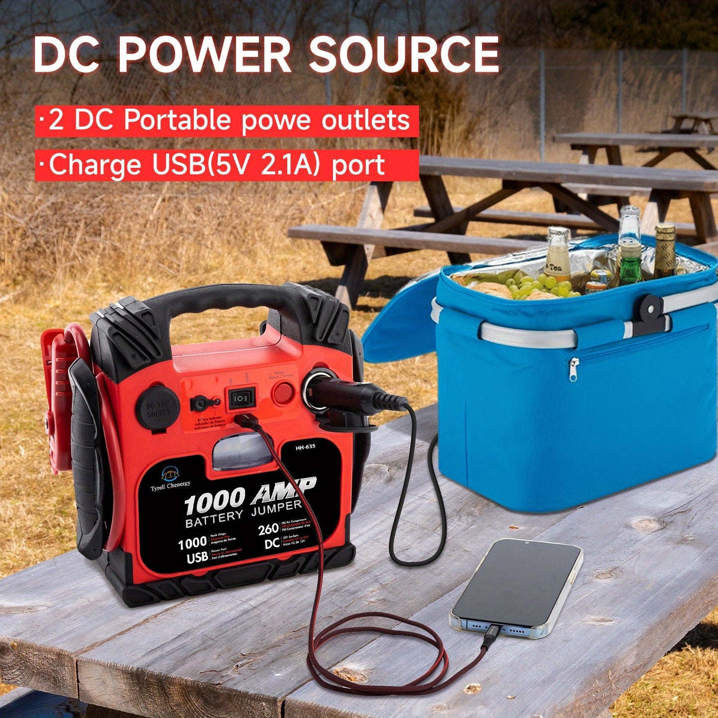 Heavy-Duty 1000A Peak, 12000mAh Fast-Charging Jump Starter with USB/DC Output, Portable Car Battery Booster with LED Light, for Cars, Trucks, SUVs, Boats, RVs - Compatible with Lead Acid/Battery/USB Power - Ideal for Emergenc