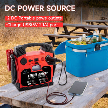 Heavy-Duty 1000A Peak, 12000mAh Fast-Charging Jump Starter with USB/DC Output, Portable Car Battery Booster with LED Light, for Cars, Trucks, SUVs, Boats, RVs - Compatible with Lead Acid/Battery/USB Power - Ideal for Emergenc