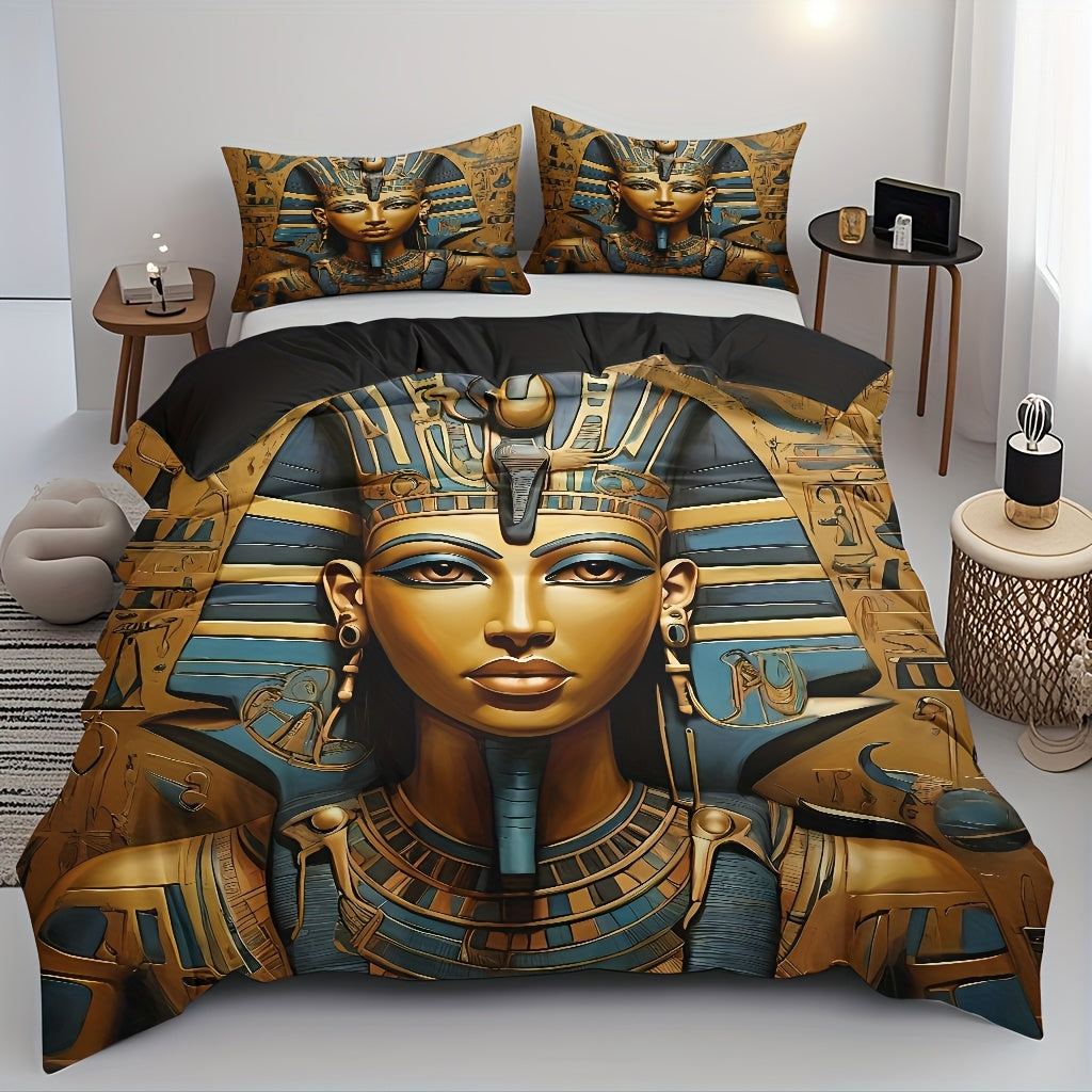 Pharaoh Theme Duvet Cover Set - Soft High-Definition Digital Print, Egyptian Style Golden And Blue, All-Season, Soft Breathable 100% Polyester, Perfect Gift For Family And Friends, Machine Washable, Includes 1 Duvet Cover + 2