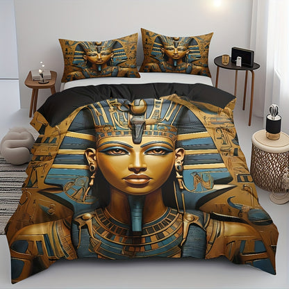 Pharaoh Theme Duvet Cover Set - Soft High-Definition Digital Print, Egyptian Style Golden And Blue, All-Season, Soft Breathable 100% Polyester, Perfect Gift For Family And Friends, Machine Washable, Includes 1 Duvet Cover + 2